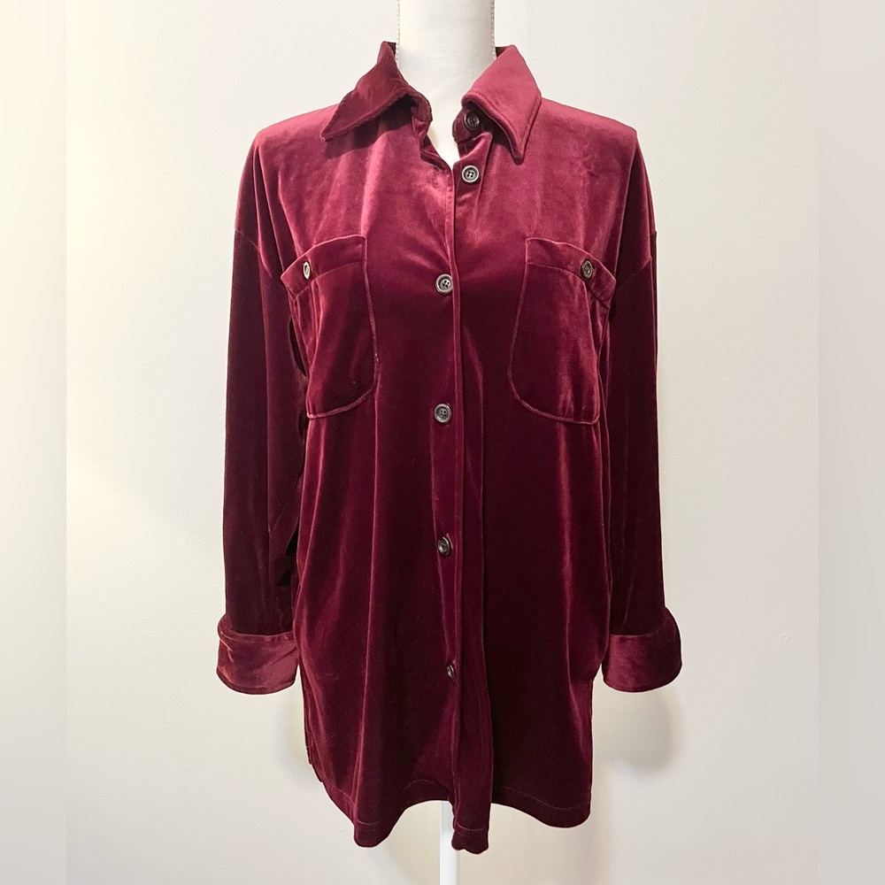 Vintage County Seat Plush Velour Shirt Top in Dark Red/Cranberry Size Medium